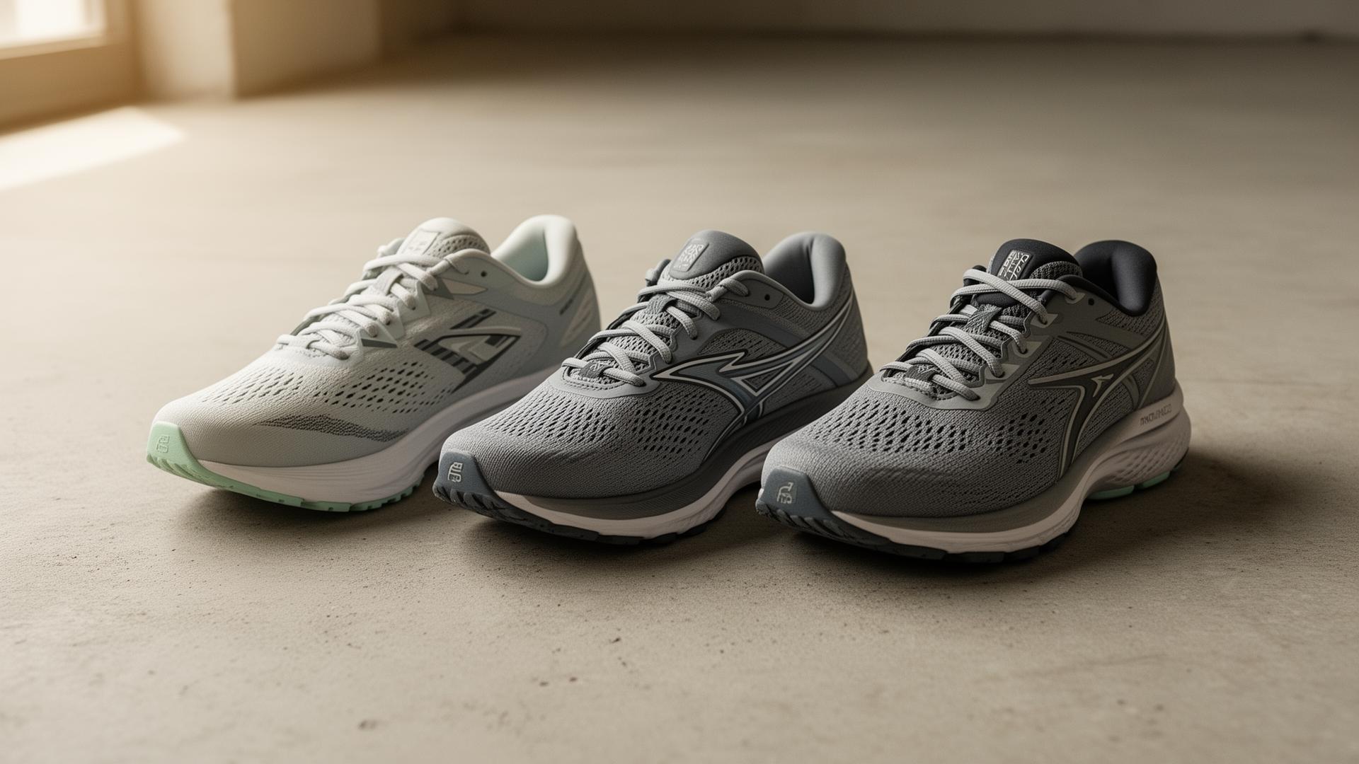 Three running shoes arranged side by side on concrete